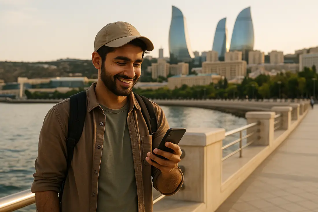 Pakistani musafir Baku Boulevard par Flame Towers ke saamne phone par eJurs Azerbaijan eSIM chala raha hai