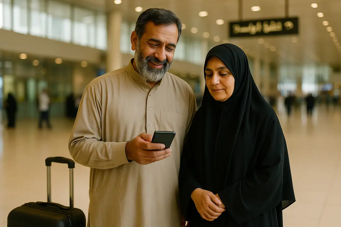 Pakistani zaireen ka jora Iraq ke airport par utar kar phone par eJurs Iraq eSIM check kar raha hai — ziyarat ke liye internet utartay hi chalu