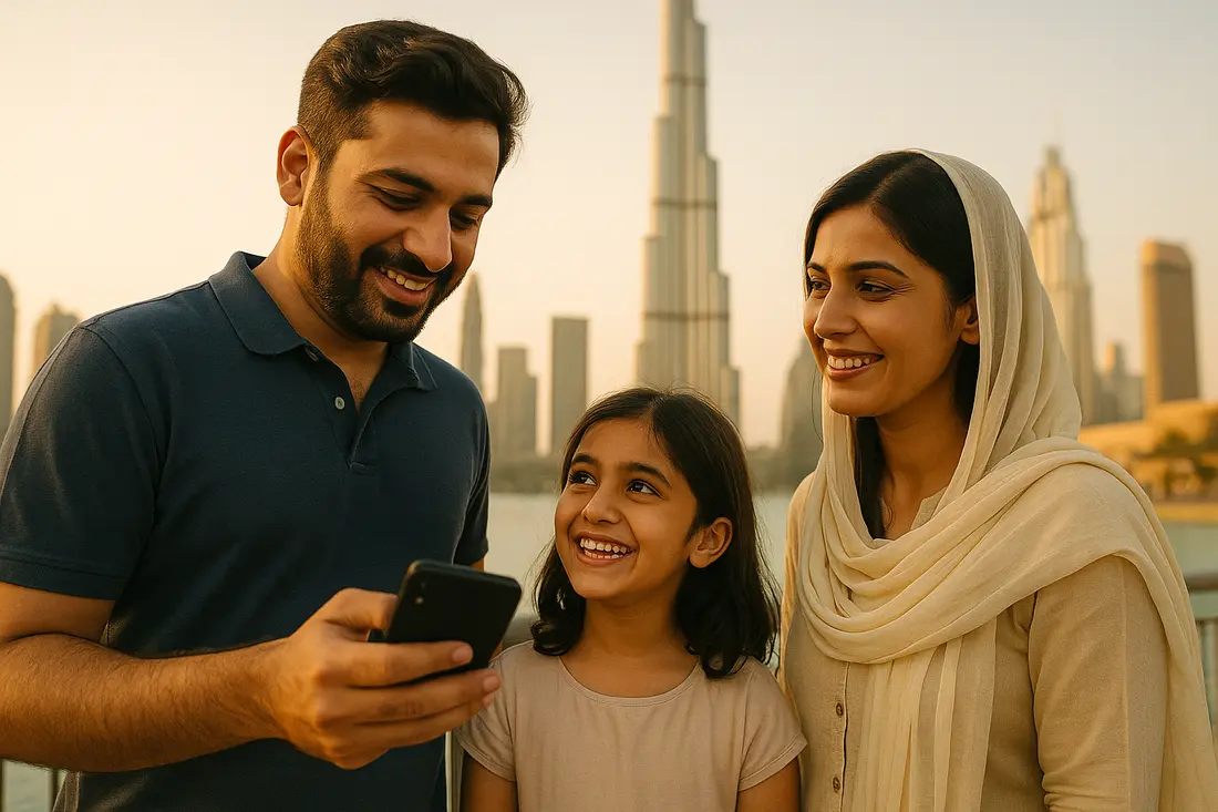 Pakistani family Dubai mein Burj Khalifa ke saamne — walid phone par eJurs UAE eSIM se raasta dekh rahe hain