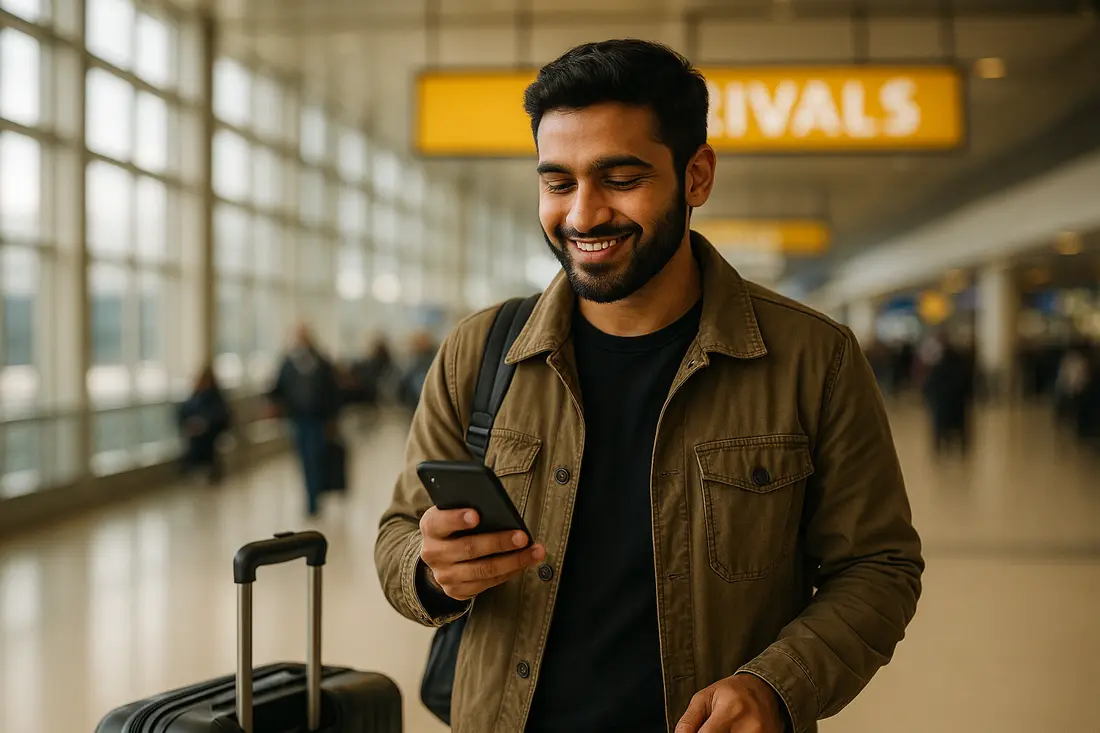 Pakistani musafir America ke airport ke arrivals hall mein suitcase ke sath phone par eJurs USA eSIM check kar raha hai