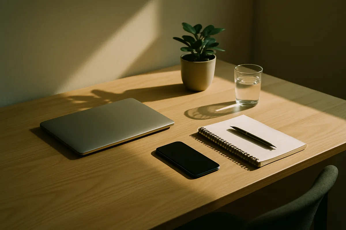 Ek shakhs ka kaam ka mez — laptop, phone aur notebook, subah ki roshni mein