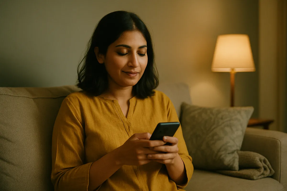 Ghar par baithi khatoon apne phone se eSIM ke baare mein sawal poochti hui