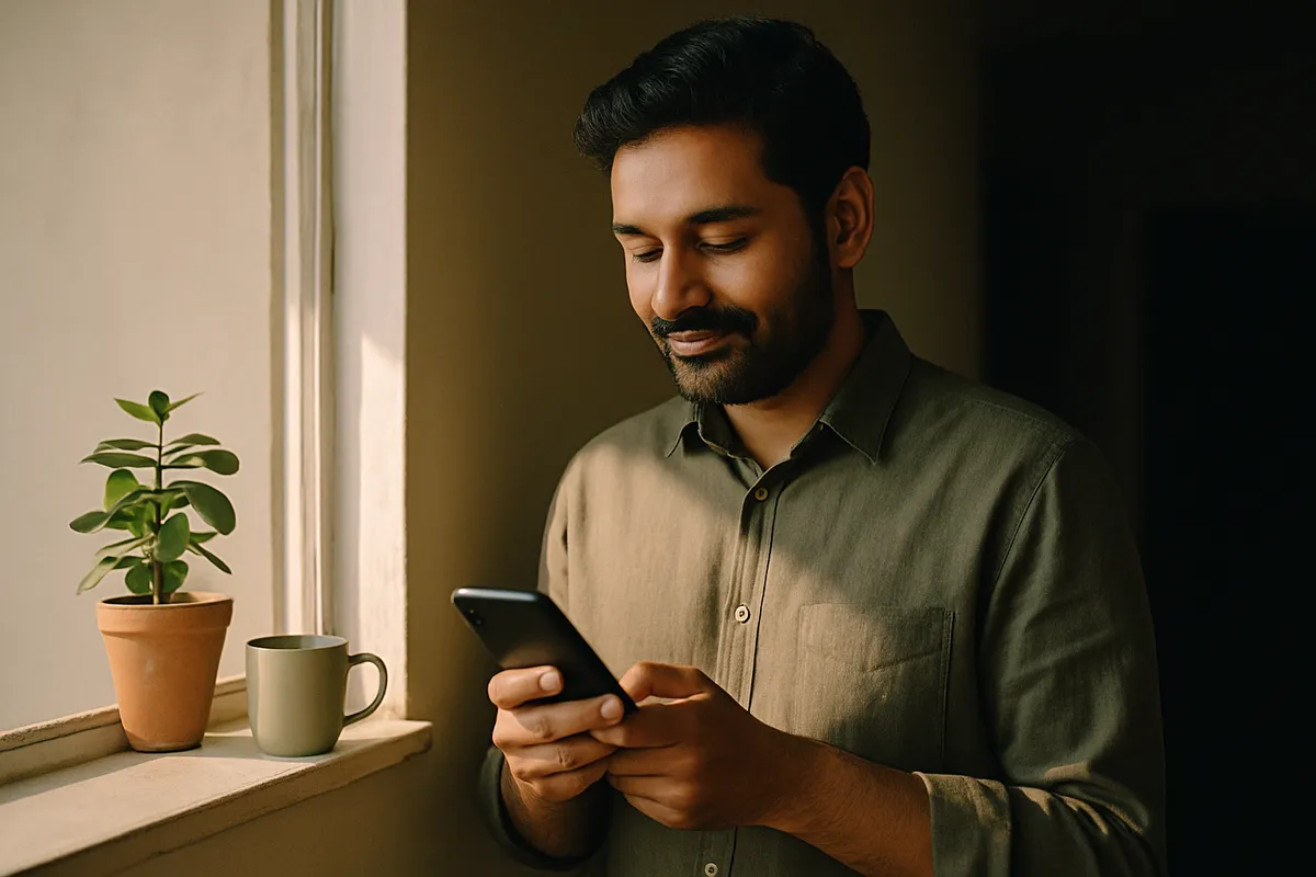 Khirki ke paas khara shakhs apne phone par top-up mukammal hote dekh raha hai